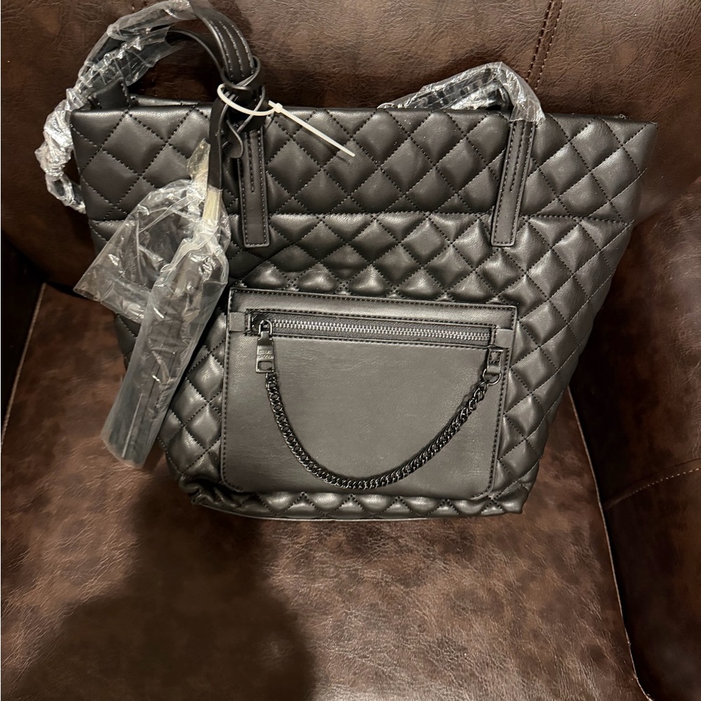 Steve Madden Black Quilted Faux Leather Tote Bag